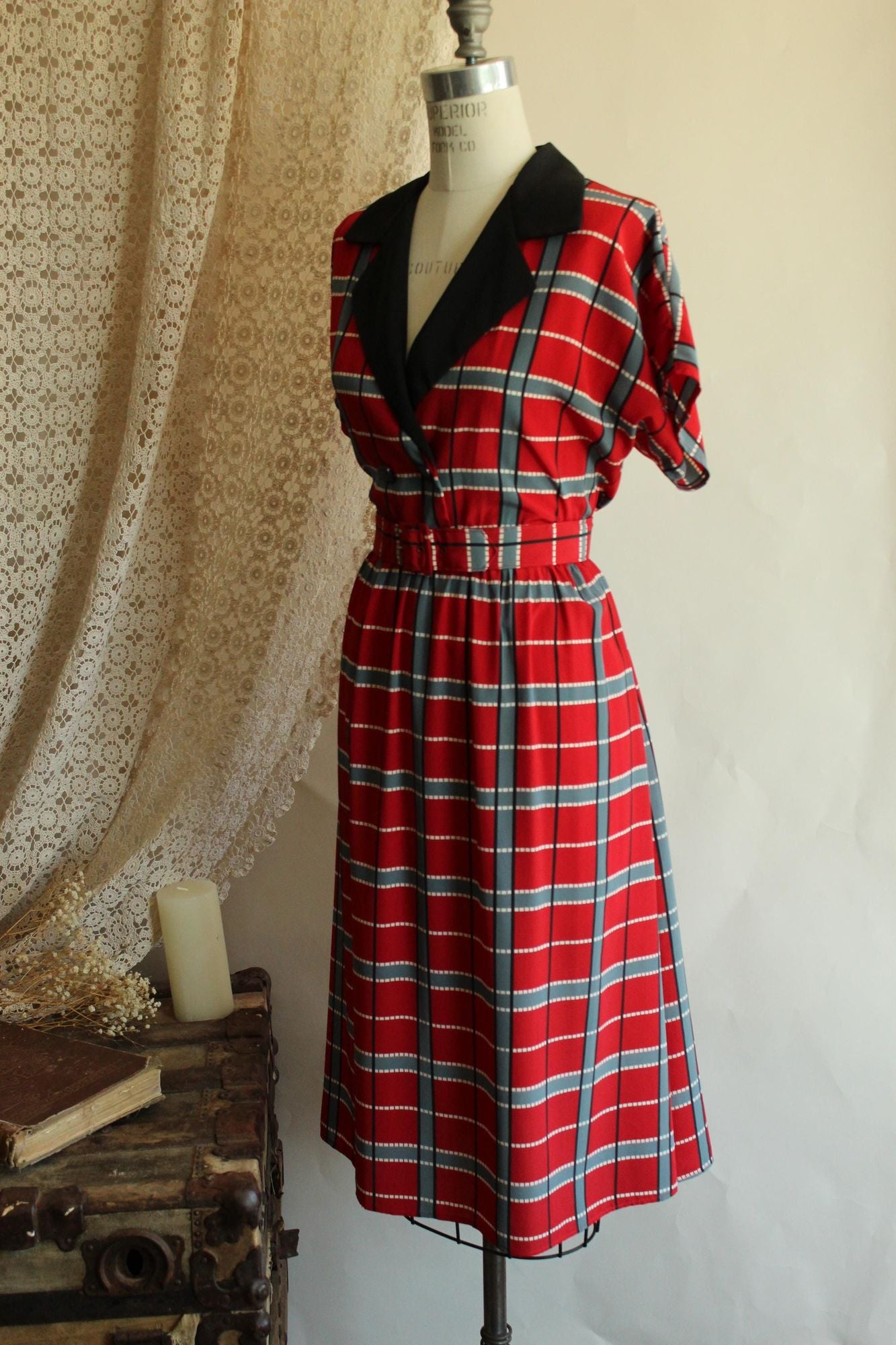 Vintage 1980's 1990s Red Grey Black Plaid Dress with Belt