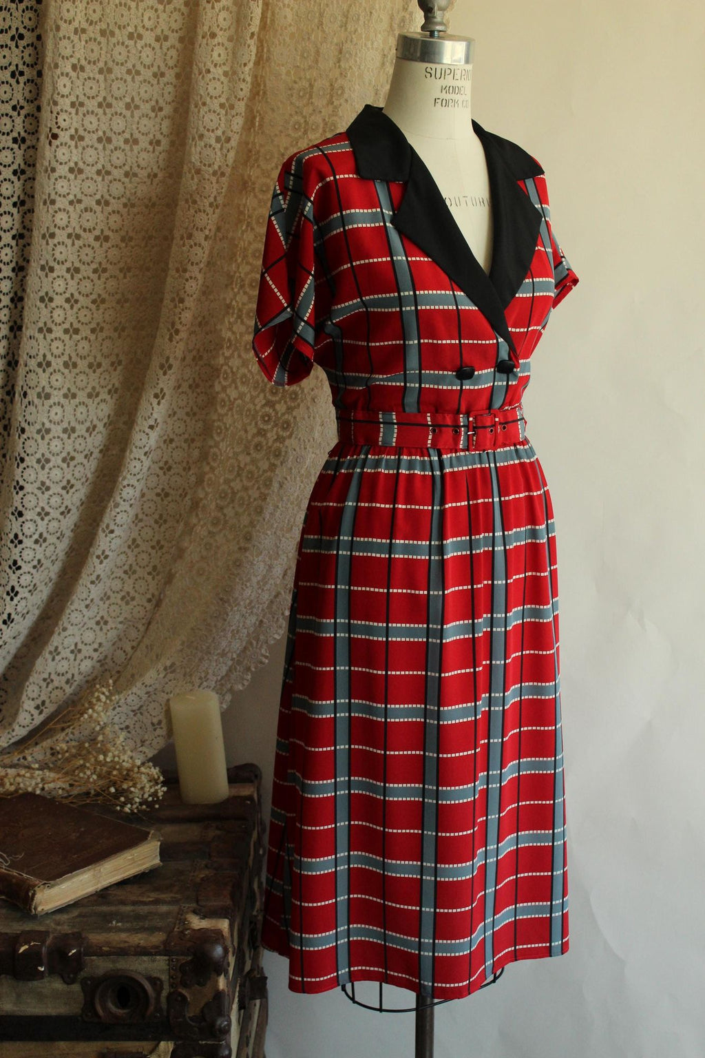 Vintage 1980's 1990s Red Grey Black Plaid Dress with Belt