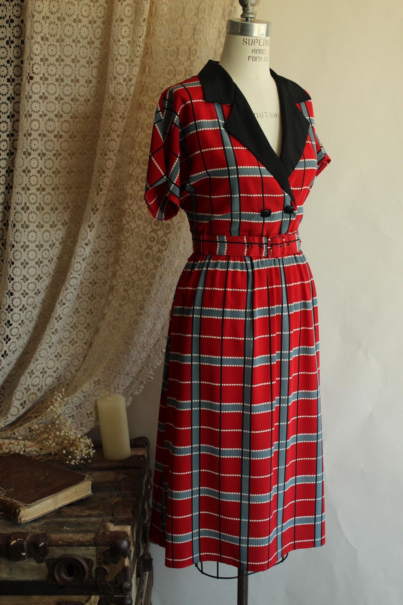 Vintage 1980's 1990s Red Grey Black Plaid Dress with Belt