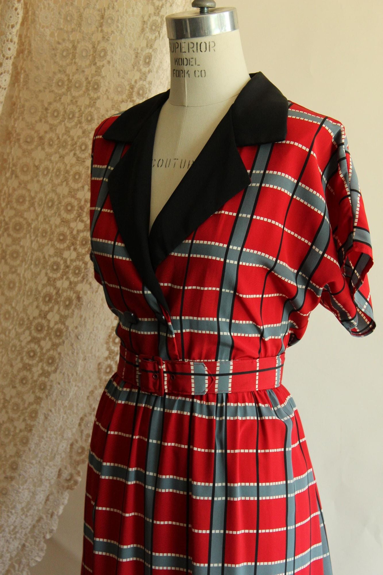 Vintage 1980's 1990s Red Grey Black Plaid Dress with Belt