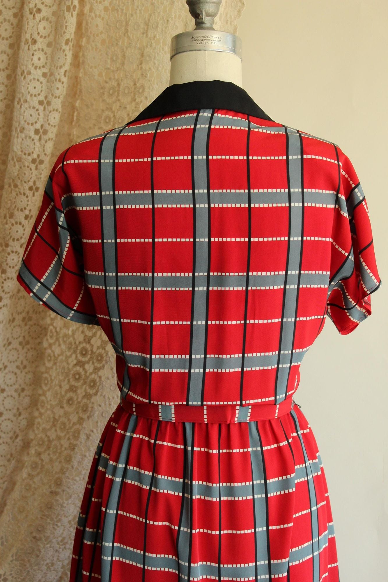 Vintage 1980's 1990s Red Grey Black Plaid Dress with Belt
