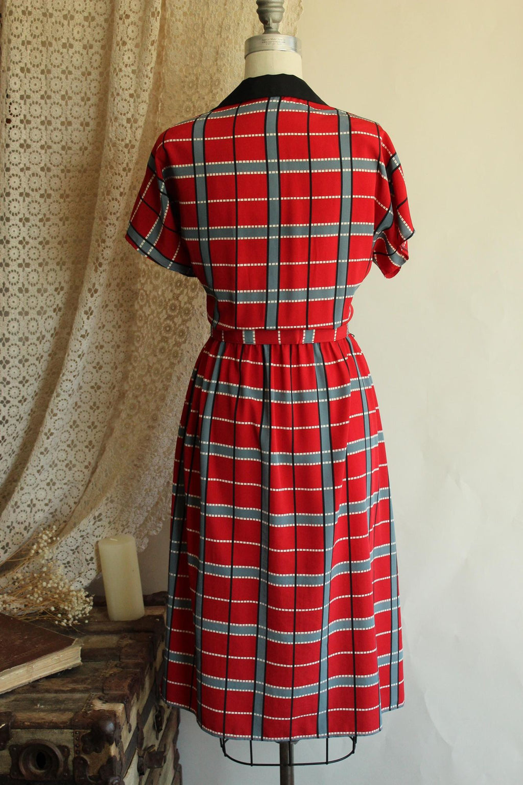 Vintage 1980's 1990s Red Grey Black Plaid Dress with Belt