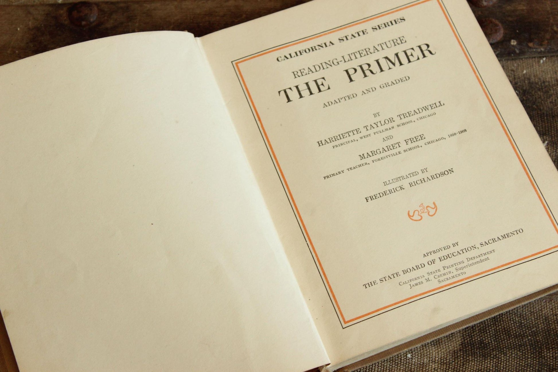 Vintage 1910s Book, "Reading Literary, The Primer", by Free and Treadwell, CA State Series