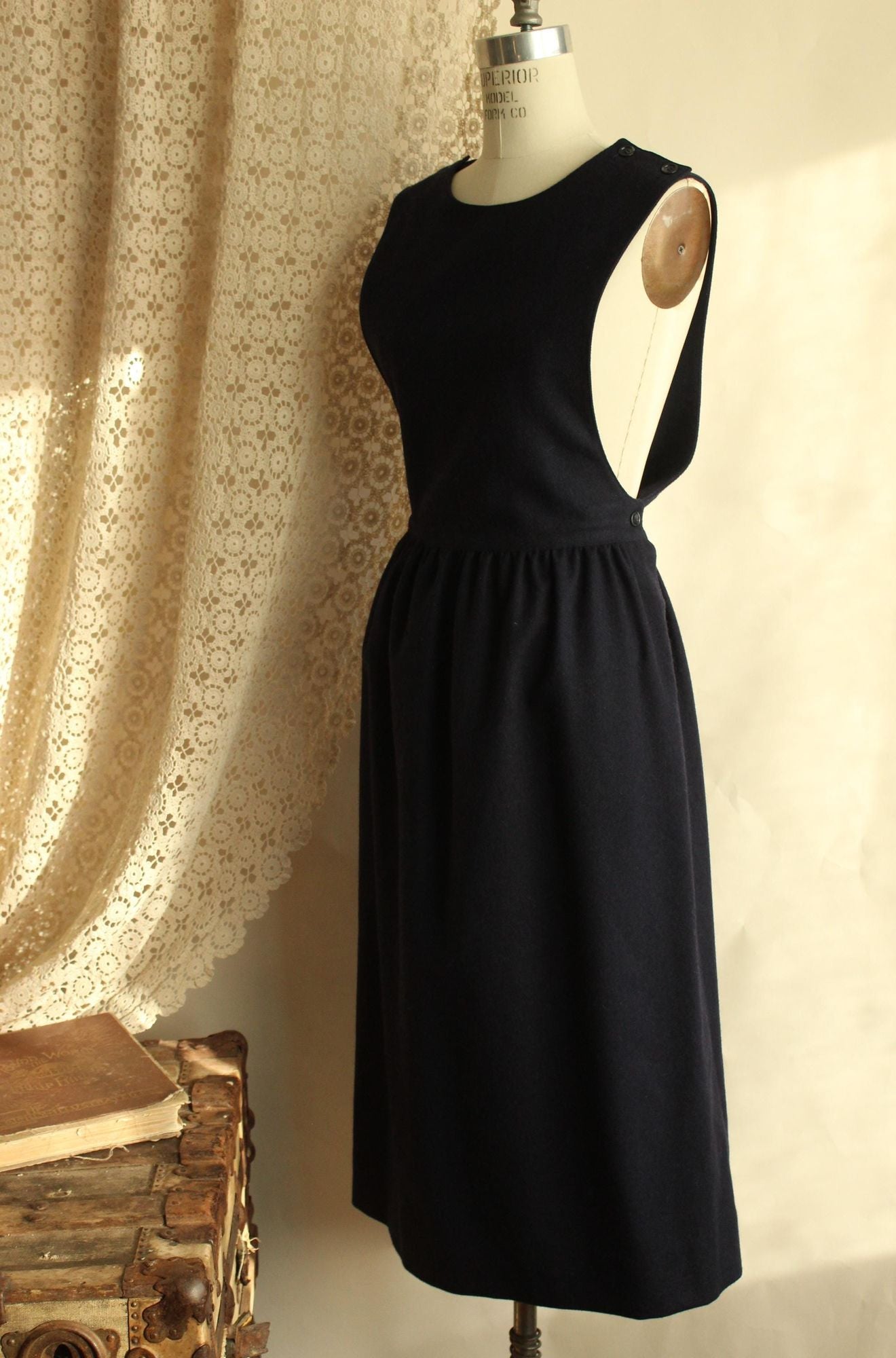 Vintage 1980s J.G. Hook Wool Navy Blue Pinafore Dress