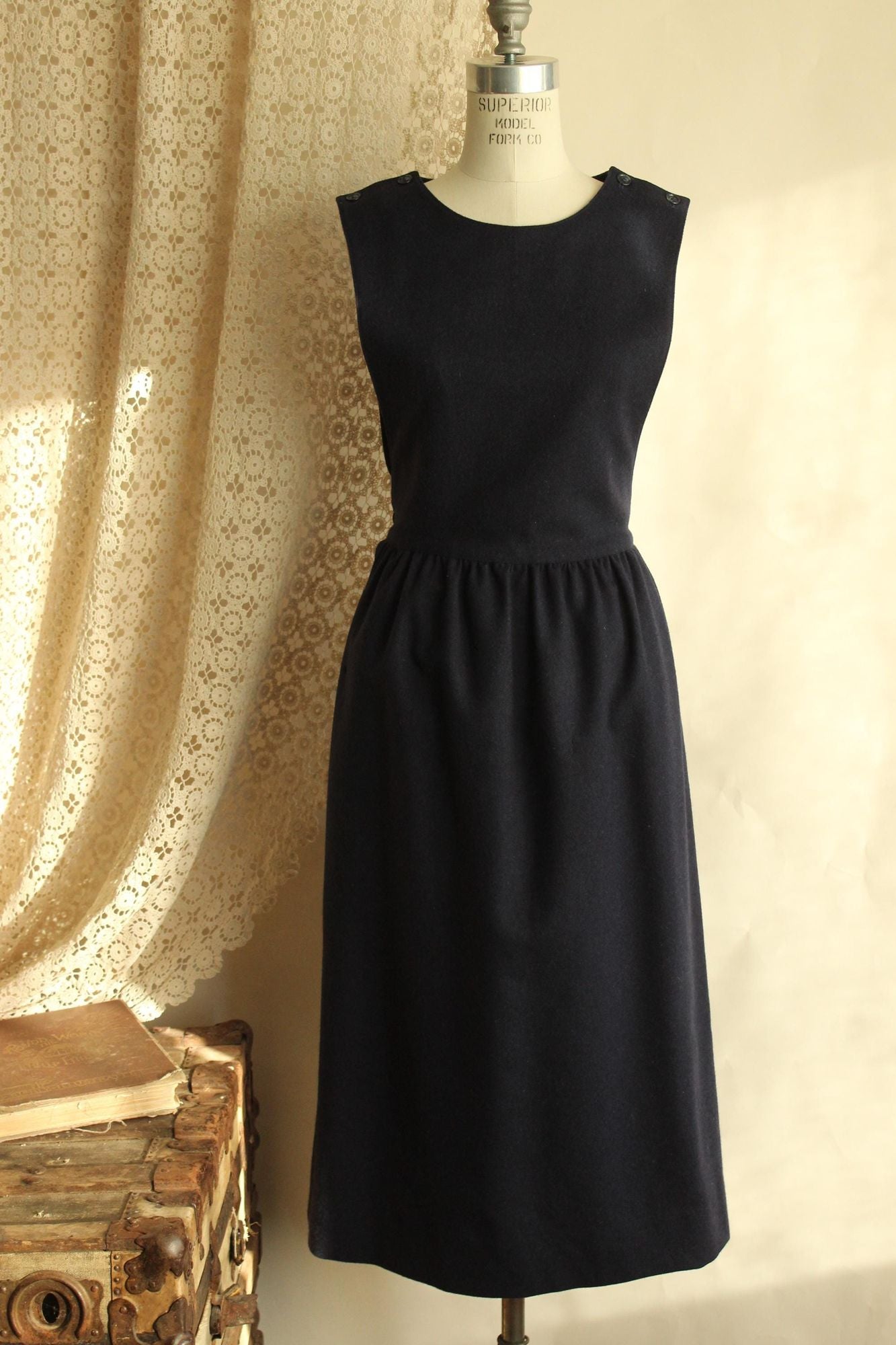Vintage 1980s J.G. Hook Wool Navy Blue Pinafore Dress