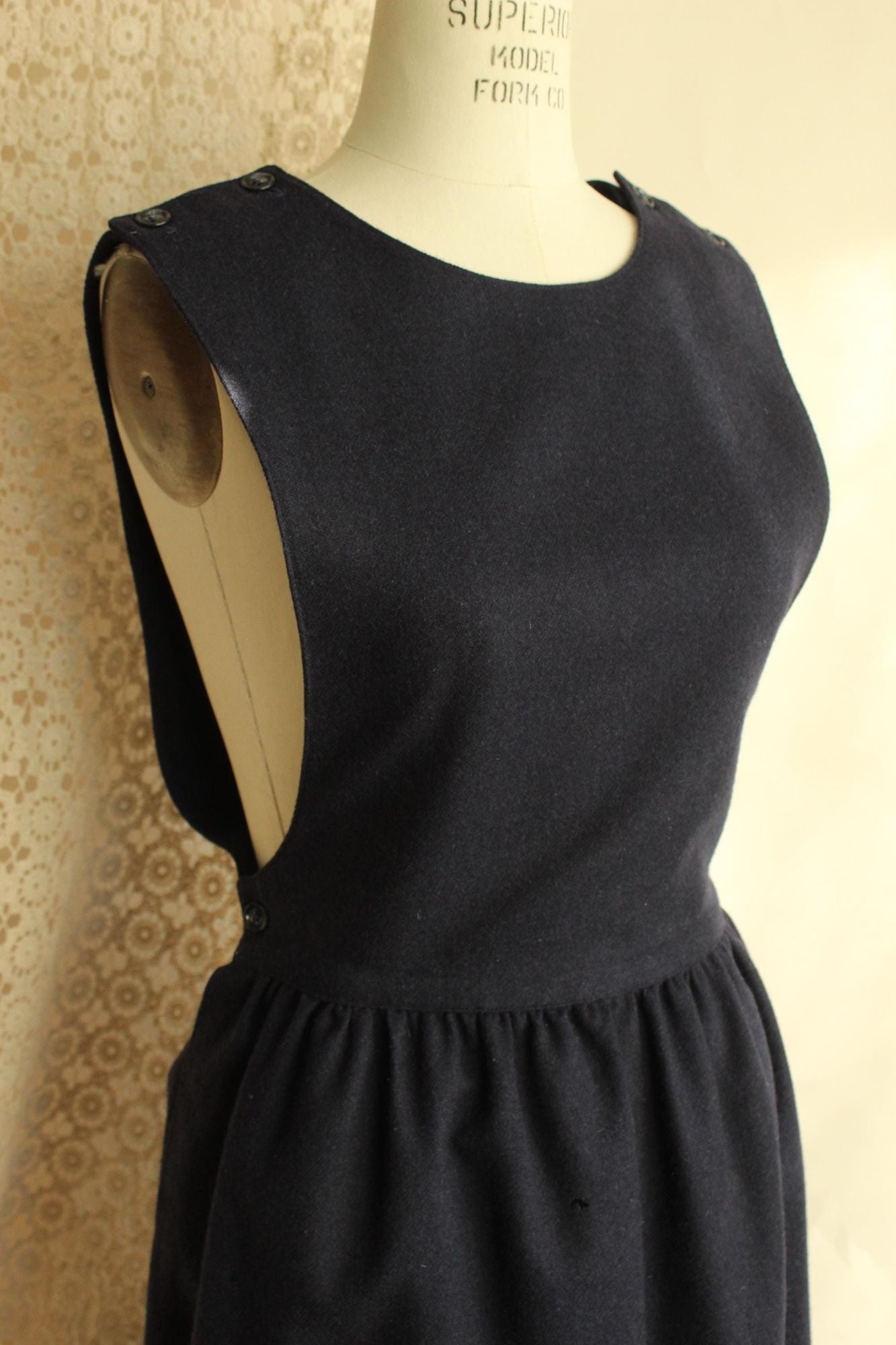 Vintage 1980s J.G. Hook Wool Navy Blue Pinafore Dress