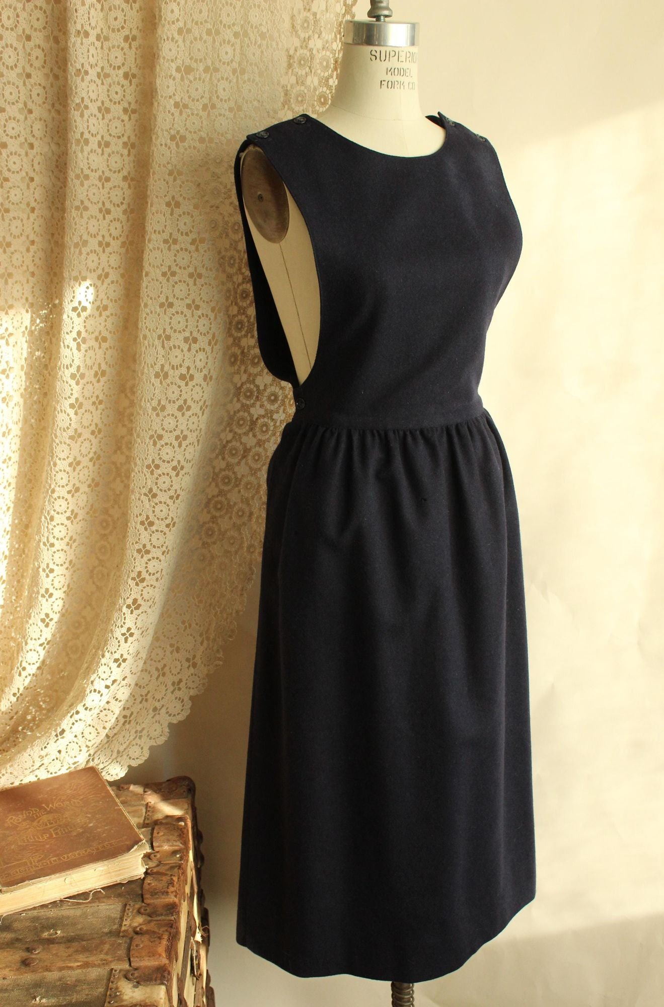 Vintage 1980s J.G. Hook Wool Navy Blue Pinafore Dress