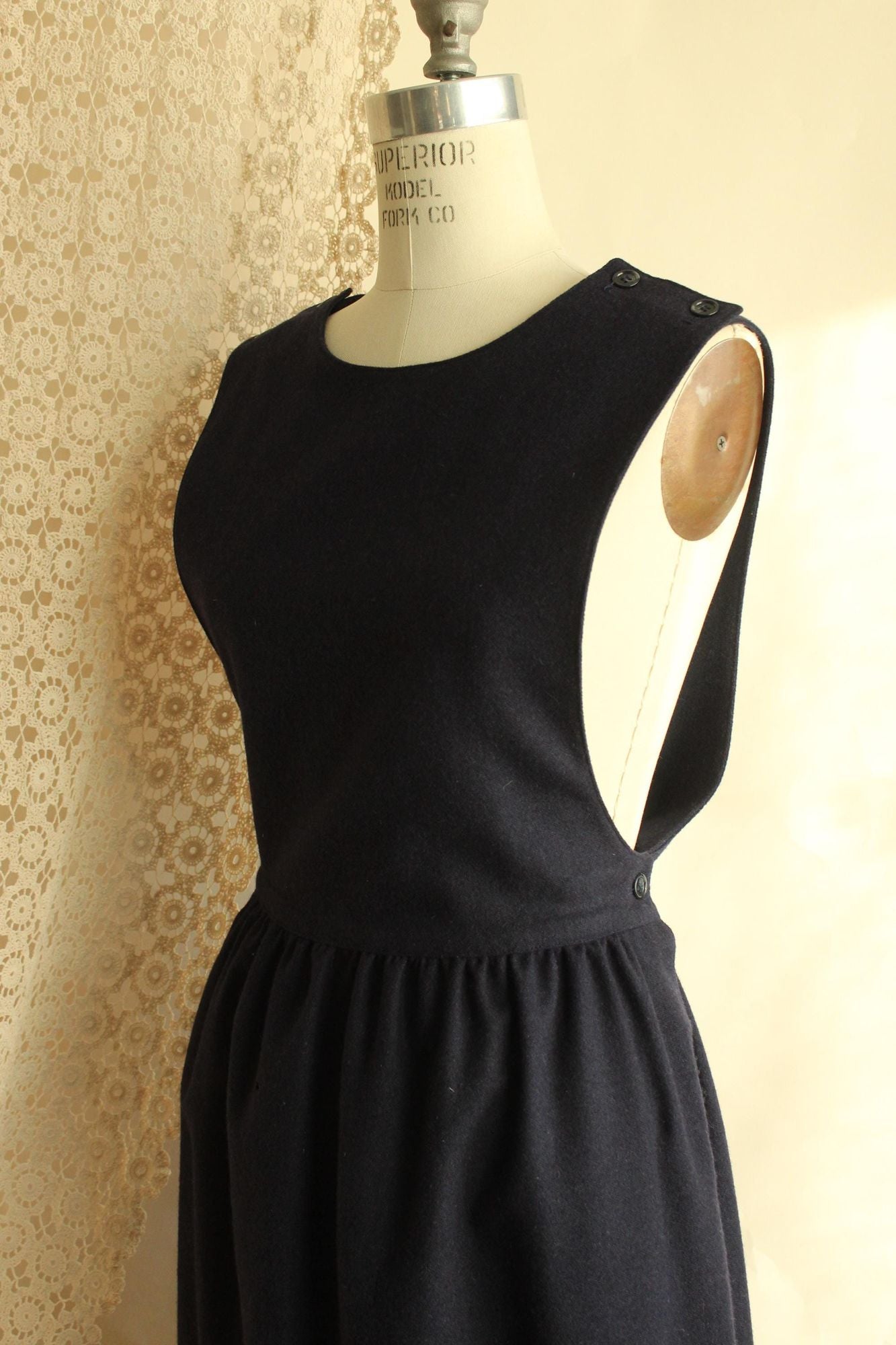Vintage 1980s J.G. Hook Wool Navy Blue Pinafore Dress