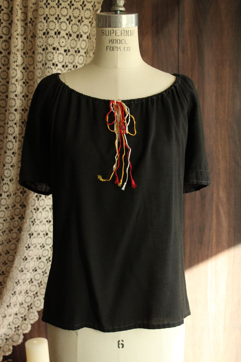 Vintage 1970s 1980s Black Peasant Blouse