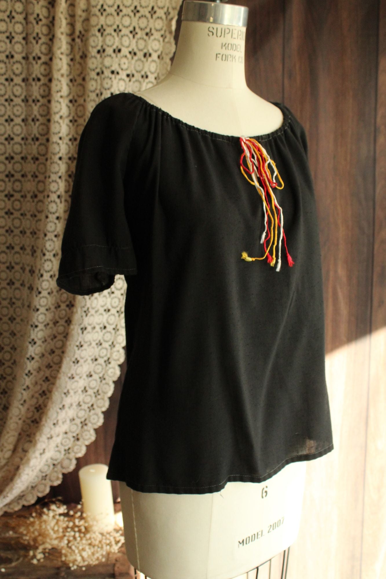 Vintage 1970s 1980s Black Peasant Blouse