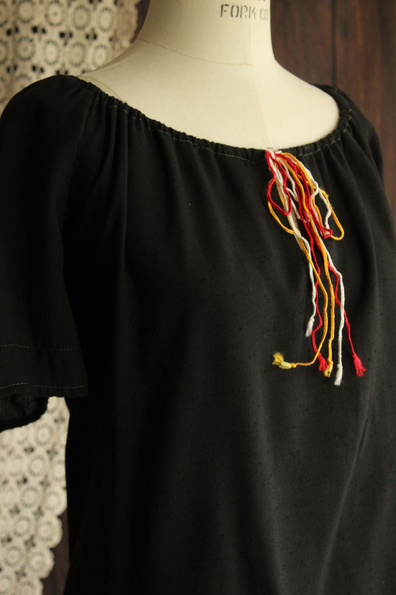Vintage 1970s 1980s Black Peasant Blouse