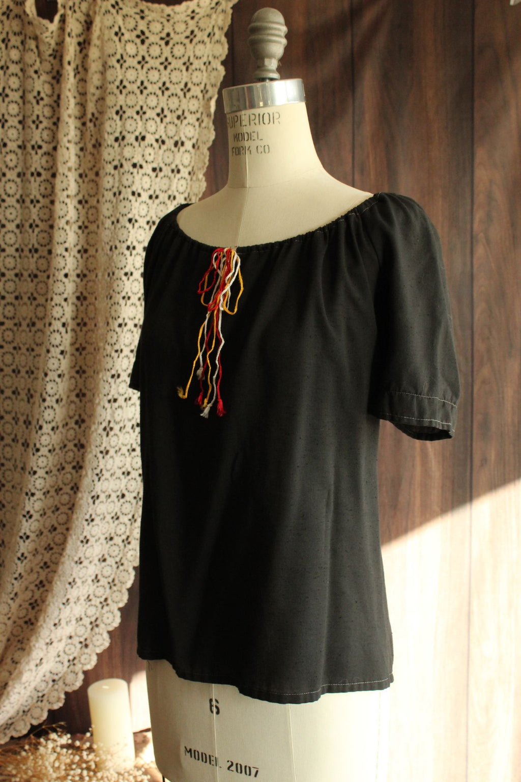 Vintage 1970s 1980s Black Peasant Blouse