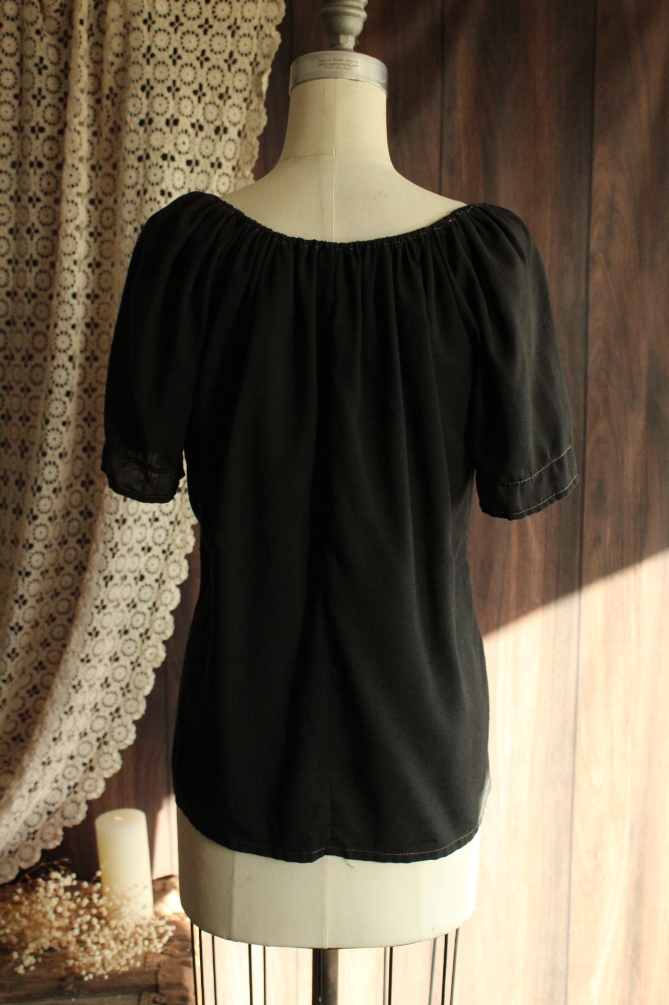 Vintage 1970s 1980s Black Peasant Blouse