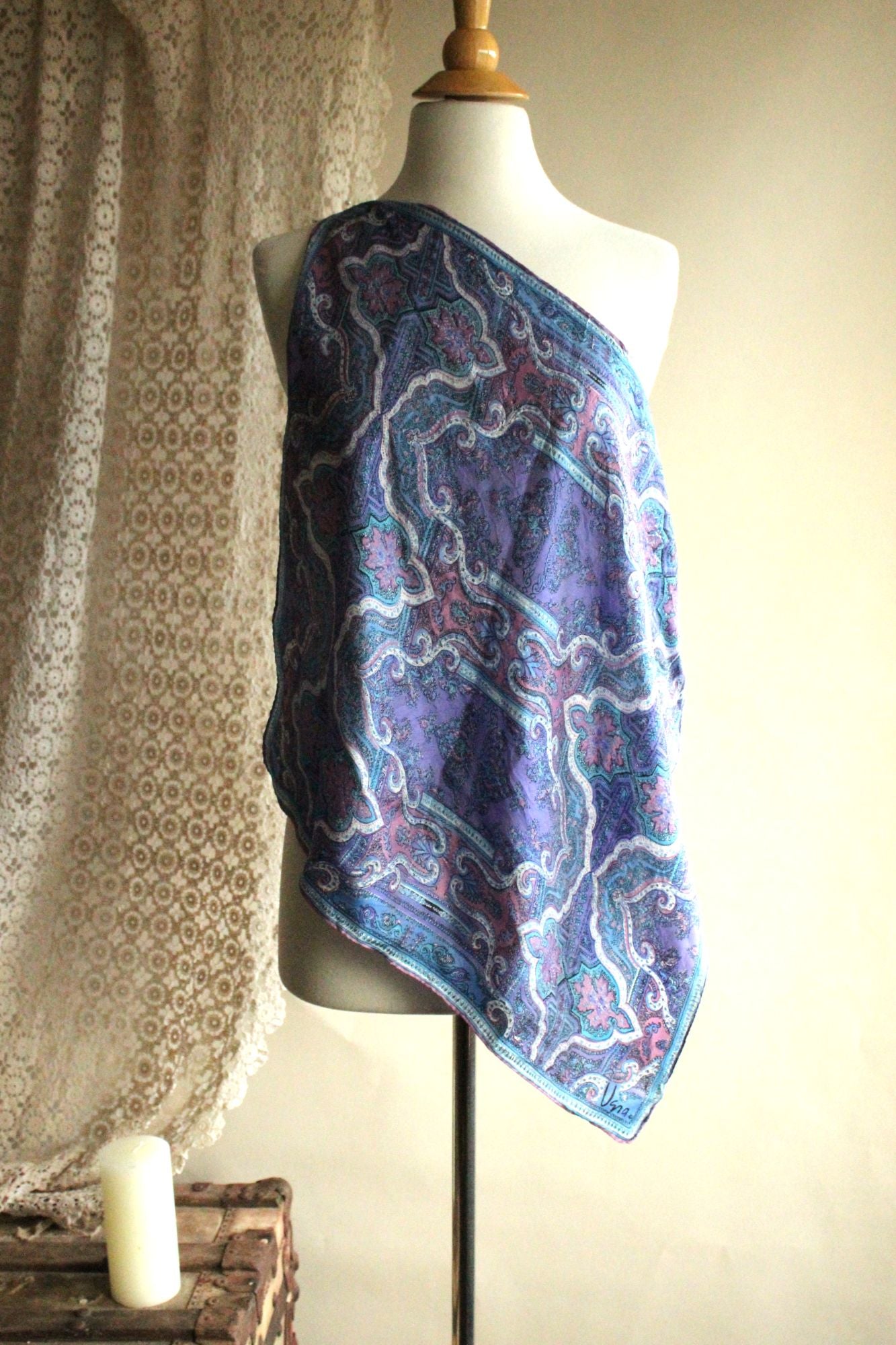 Vintage Vera Blue and Purple and Pink Silk Scarf