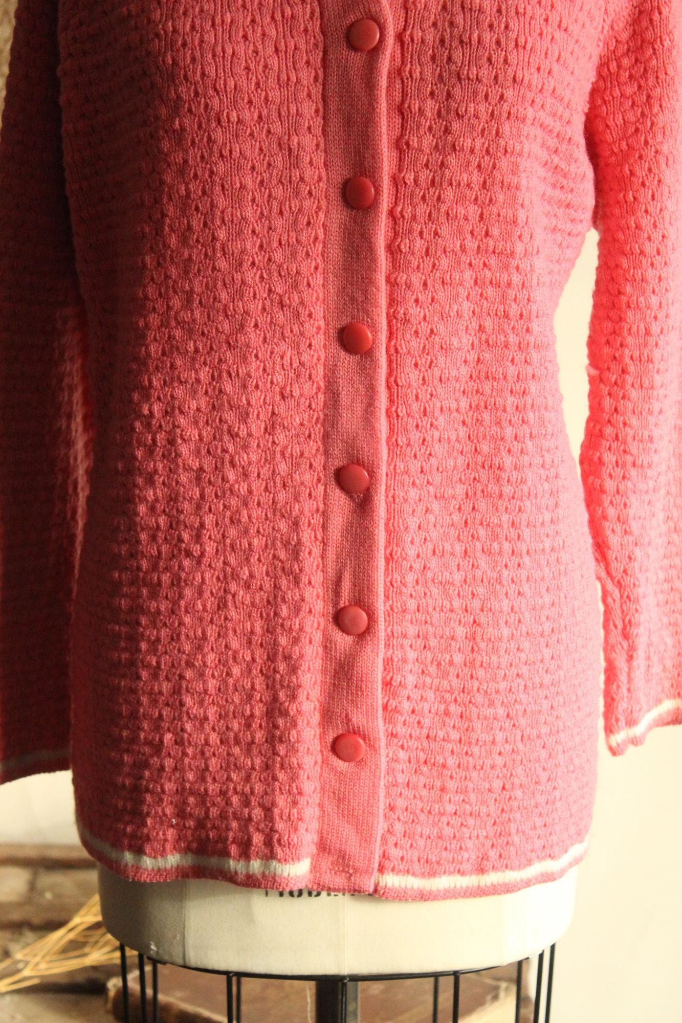 Vintage 1950s 1960s Handknit Pink Cardigan with Collar