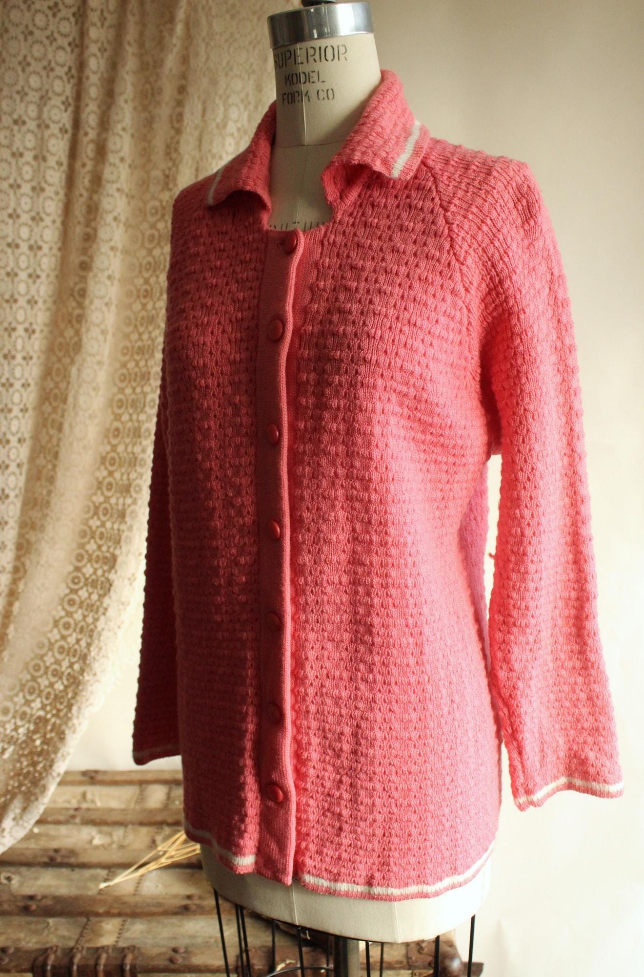 Vintage 1950s 1960s Handknit Pink Cardigan with Collar