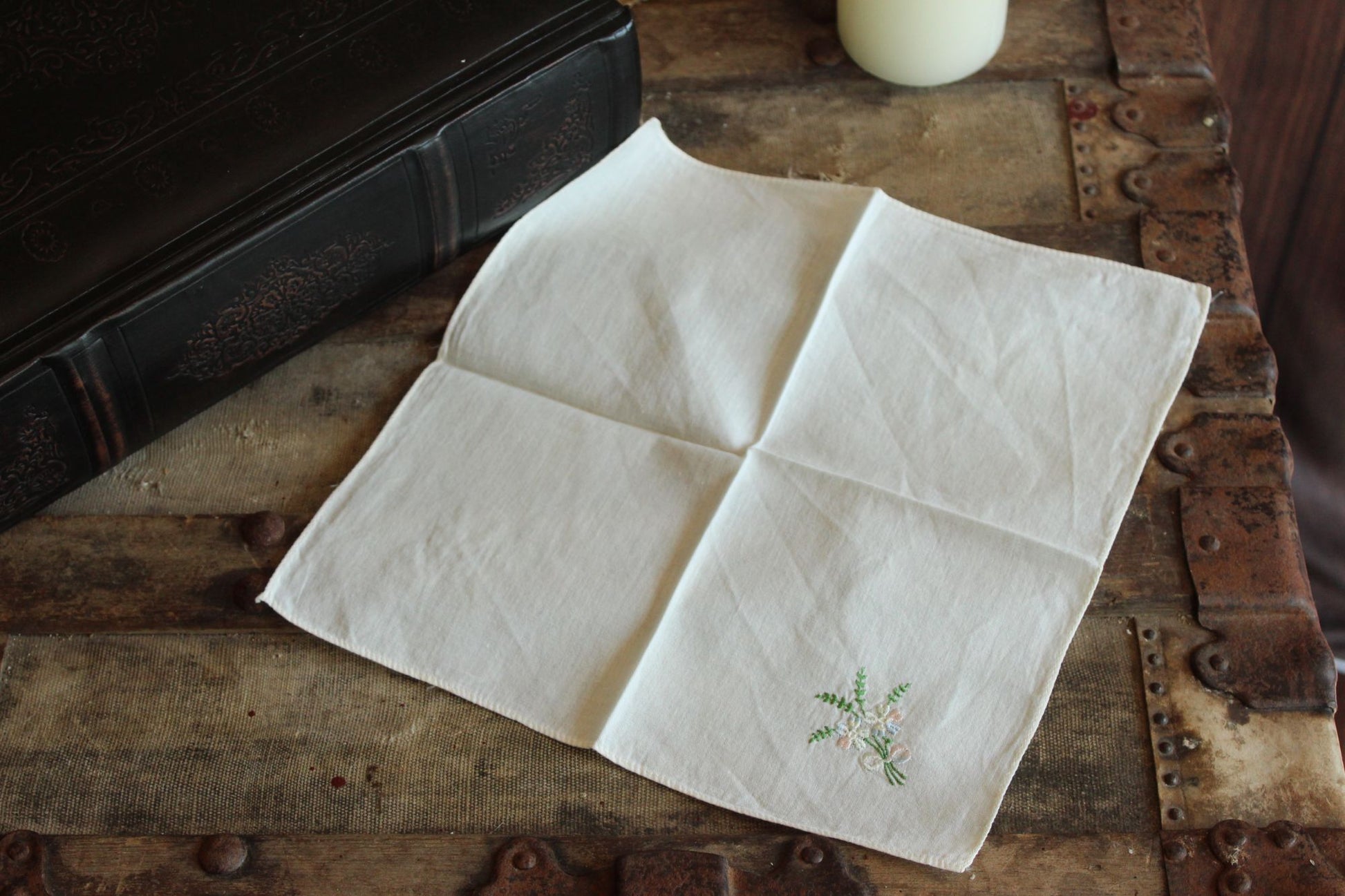 Vintage 1950s  White Cotton With Pink And Blue Embroidered Flowers Hanky