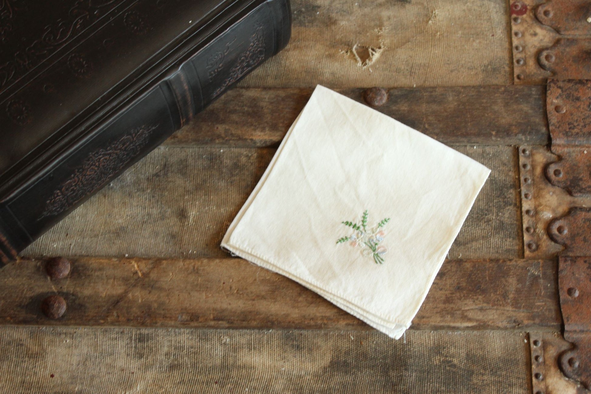 Vintage 1950s  White Cotton With Pink And Blue Embroidered Flowers Hanky