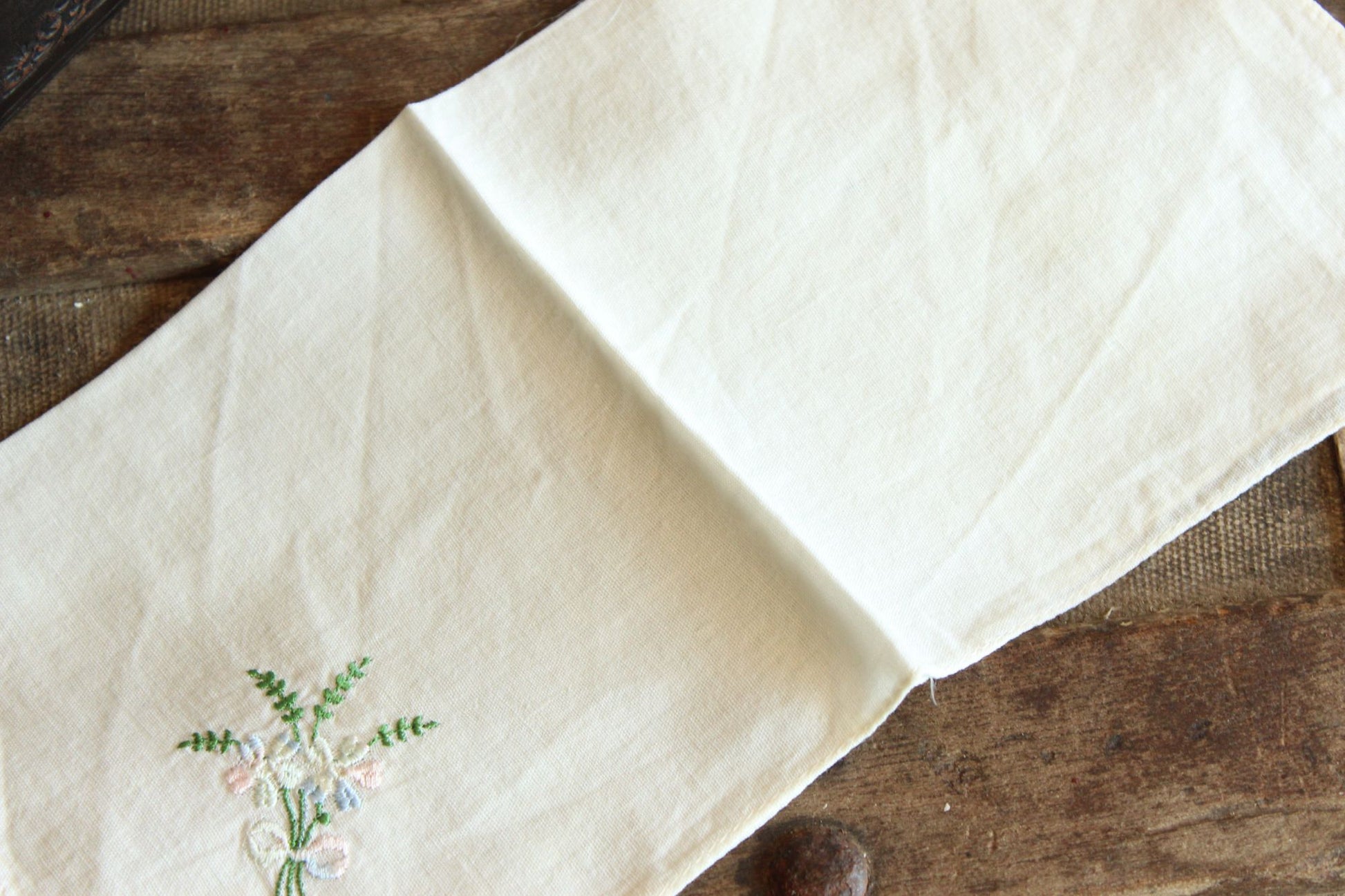 Vintage 1950s  White Cotton With Pink And Blue Embroidered Flowers Hanky