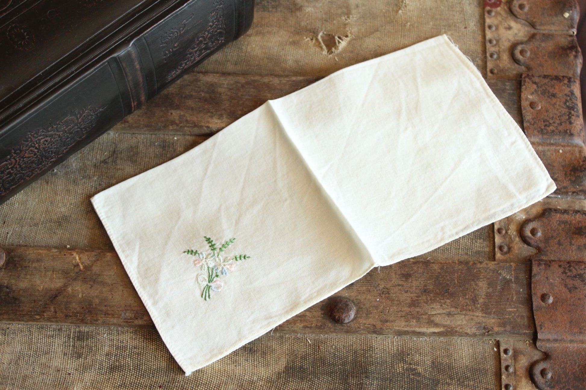 Vintage 1950s  White Cotton With Pink And Blue Embroidered Flowers Hanky