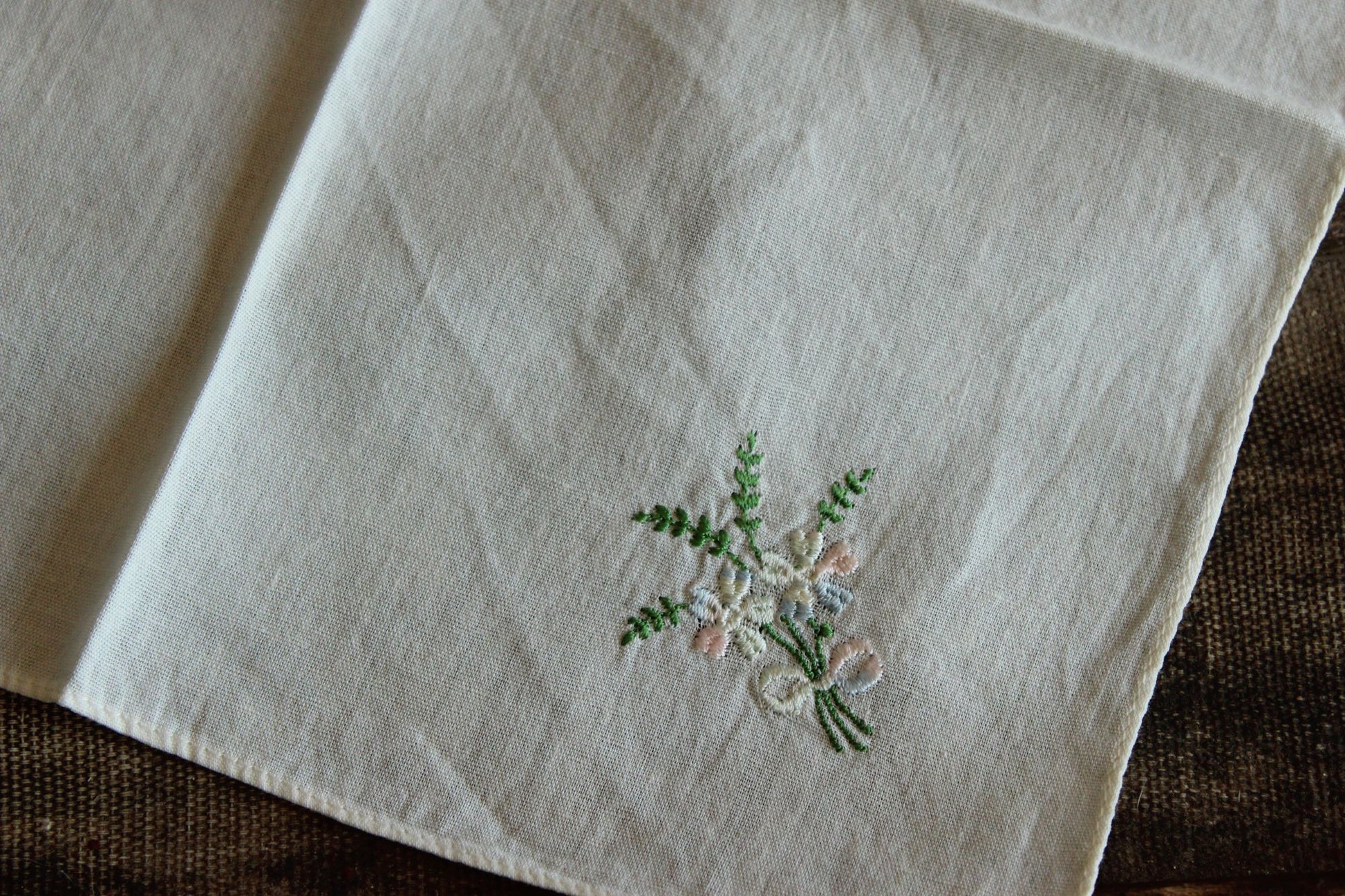 Vintage 1950s  White Cotton With Pink And Blue Embroidered Flowers Hanky