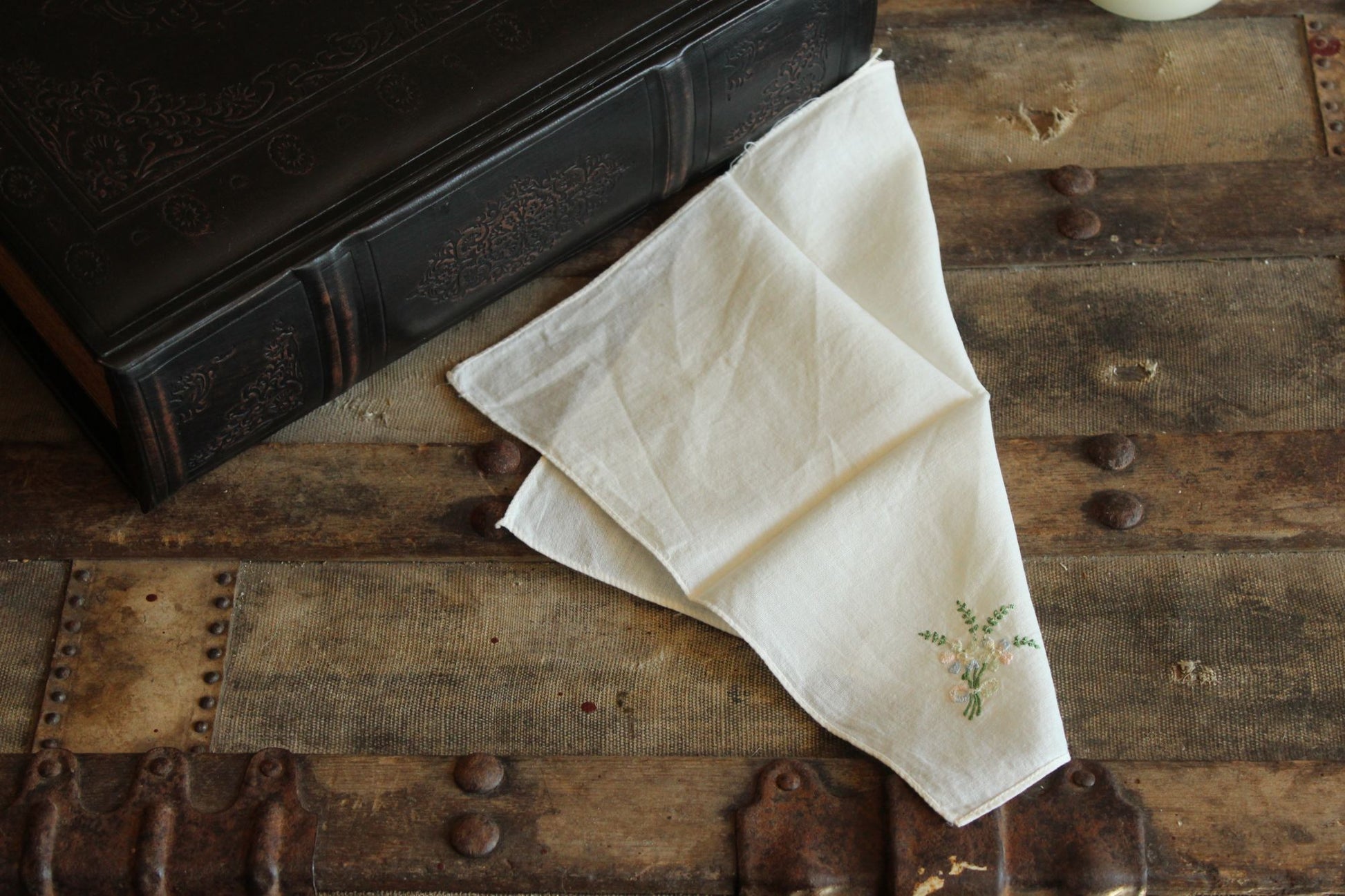 Vintage 1950s  White Cotton With Pink And Blue Embroidered Flowers Hanky