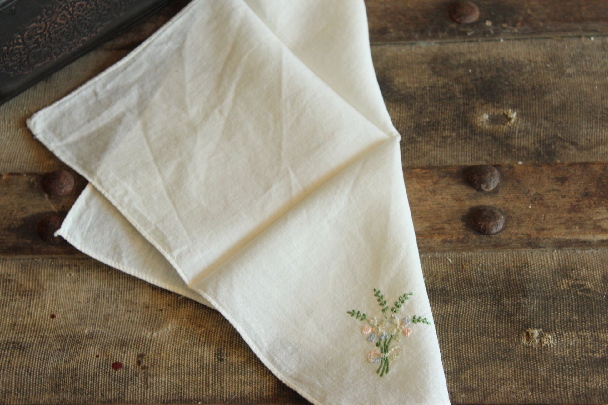 Vintage 1950s  White Cotton With Pink And Blue Embroidered Flowers Hanky