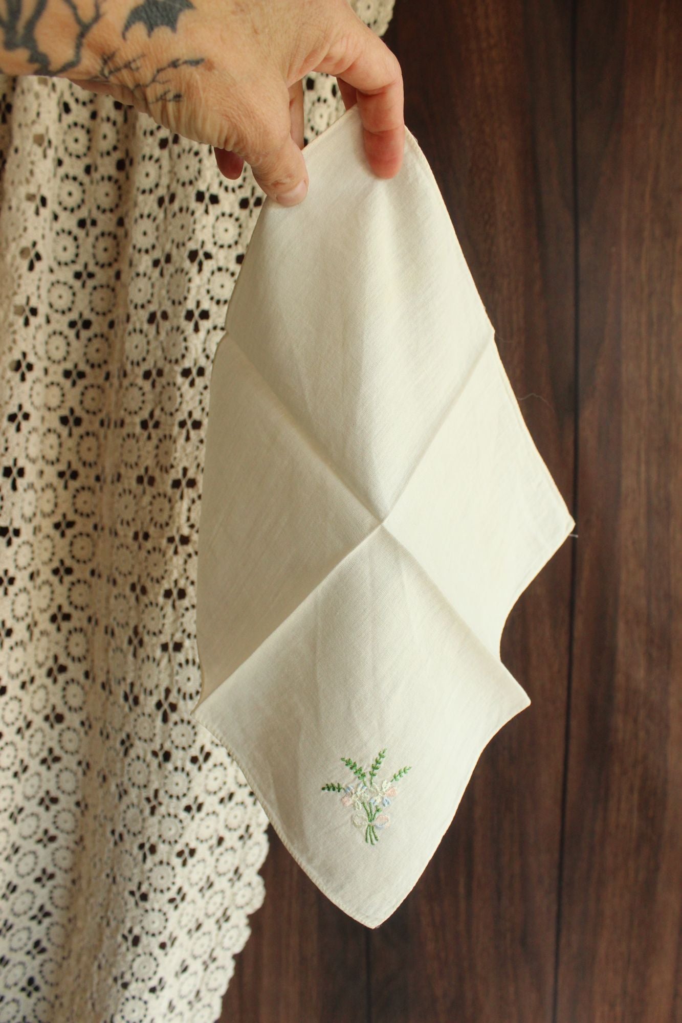 Vintage 1950s  White Cotton With Pink And Blue Embroidered Flowers Hanky