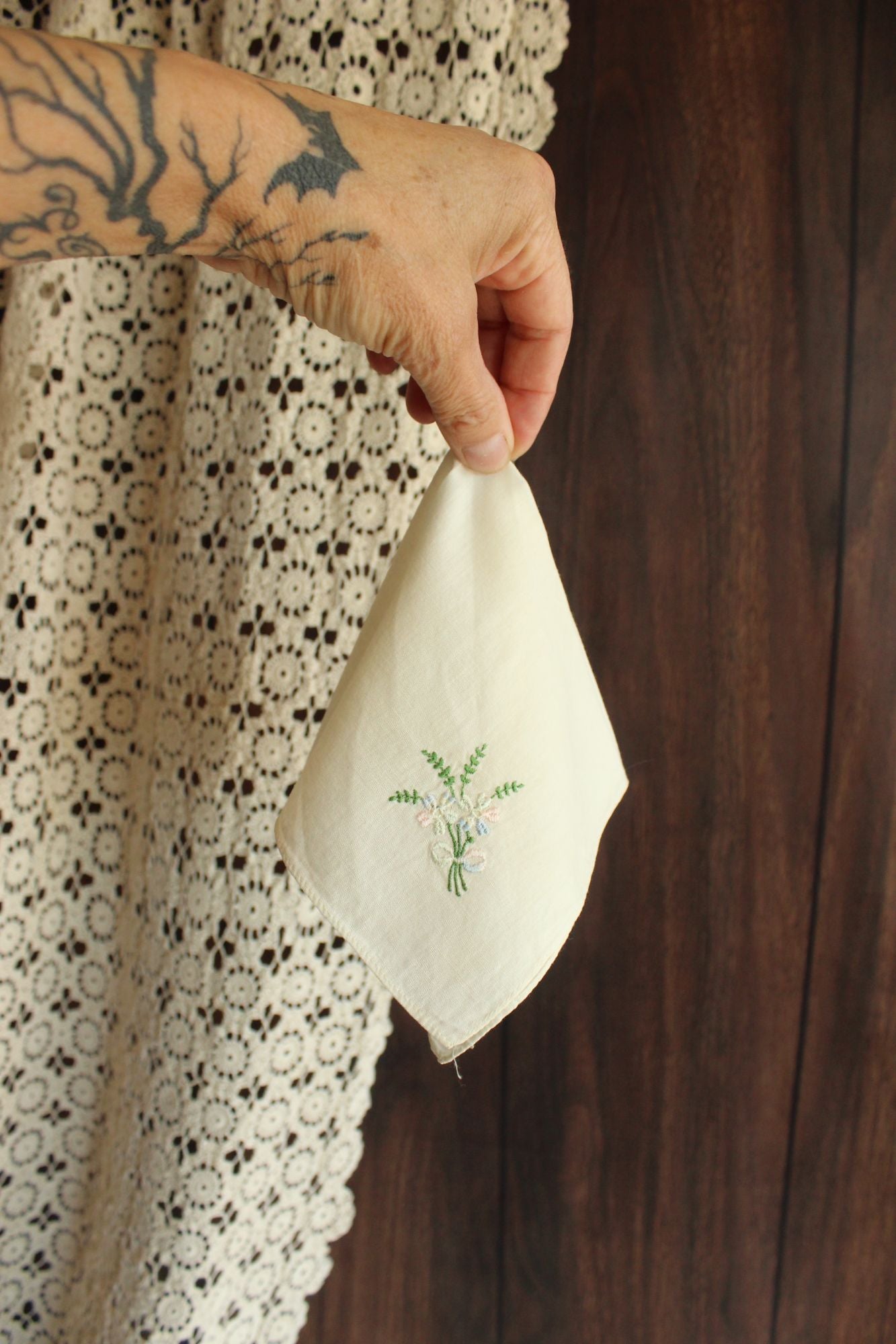 Vintage 1950s  White Cotton With Pink And Blue Embroidered Flowers Hanky