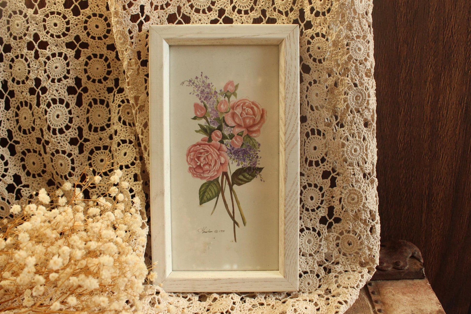 Vintage 1990s Framed Pink Rose Botanical Print