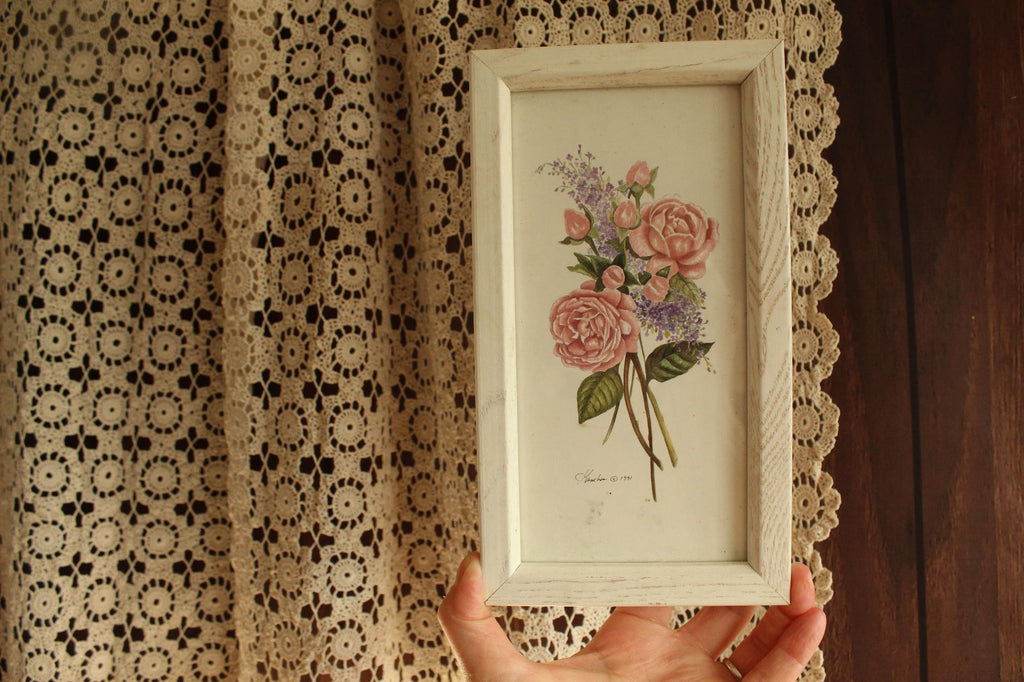 Vintage 1990s Framed Pink Rose Botanical Print