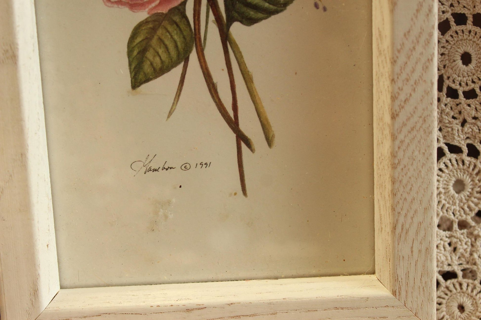 Vintage 1990s Framed Pink Rose Botanical Print