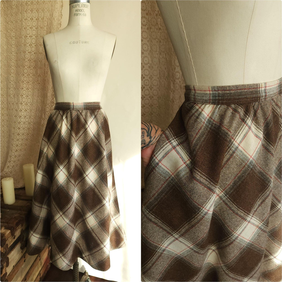 Vintage 1970s Volup Plaid Wool Brown and White Skirt with Pockets