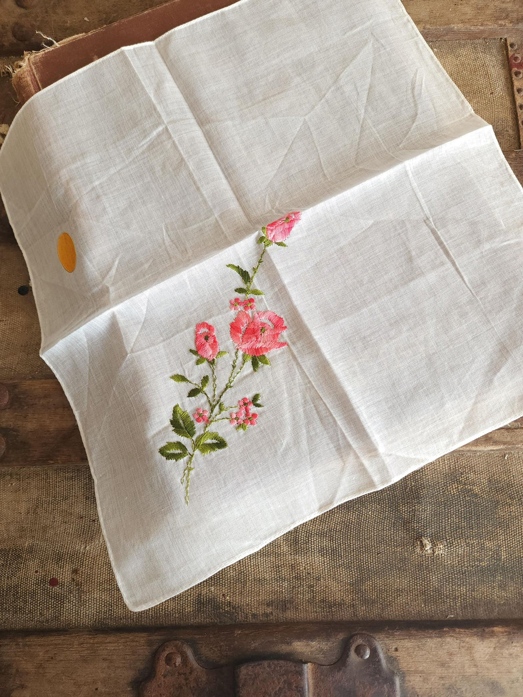 Vintage 1950s NWT Swiss Embroidered Pink Rose White Cotton Handkerchief