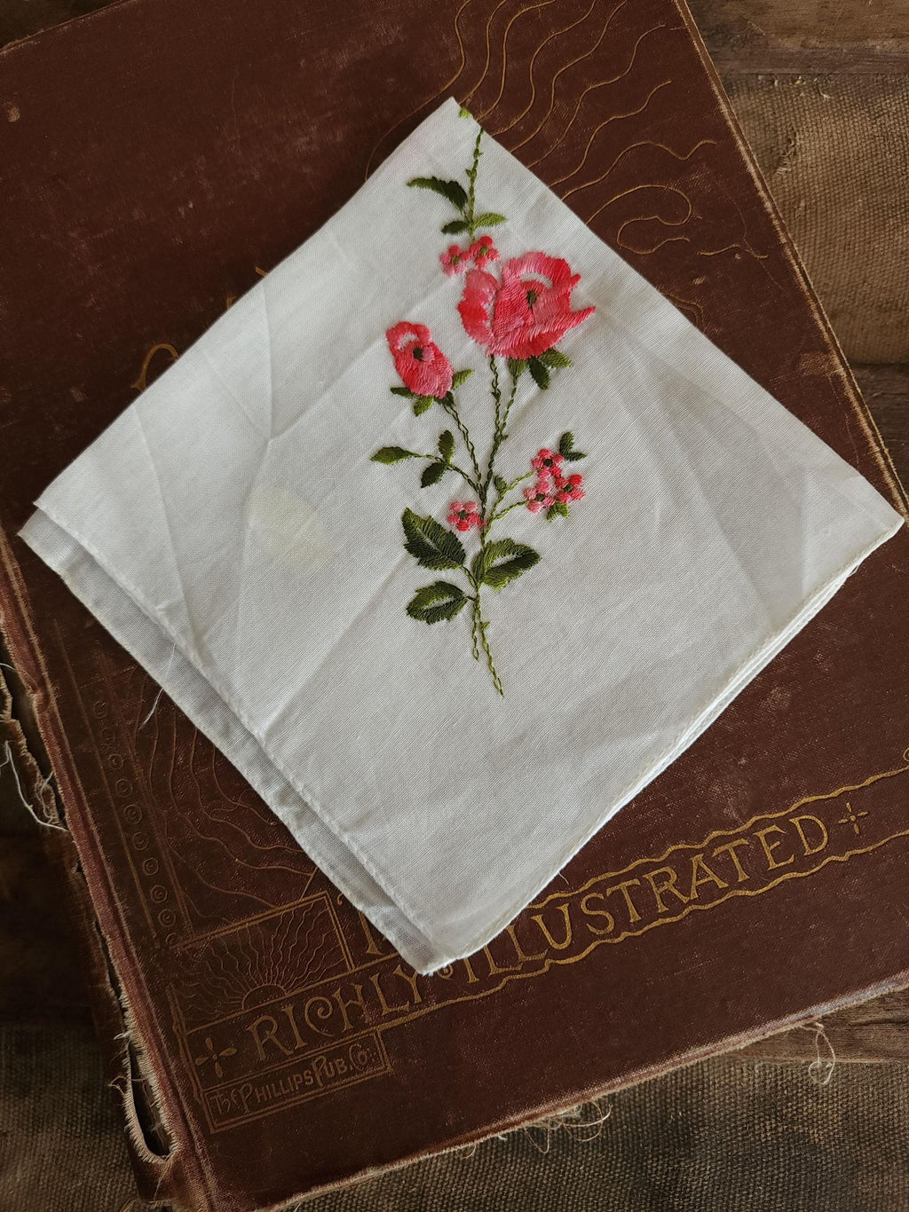 Vintage 1950s NWT Swiss Embroidered Pink Rose White Cotton Handkerchief
