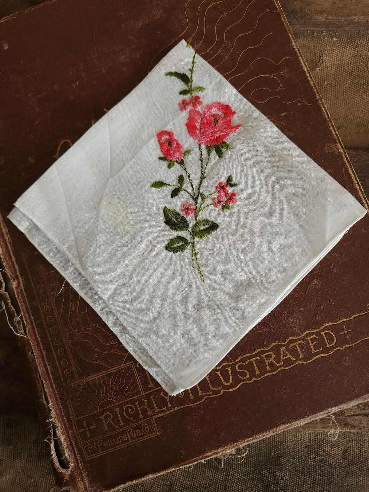 Vintage 1950s NWT Swiss Embroidered Pink Rose White Cotton Handkerchief