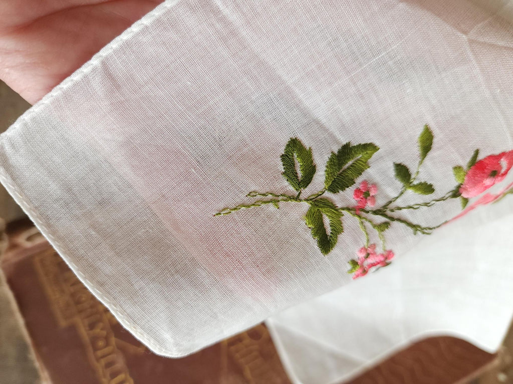 Vintage 1950s NWT Swiss Embroidered Pink Rose White Cotton Handkerchief