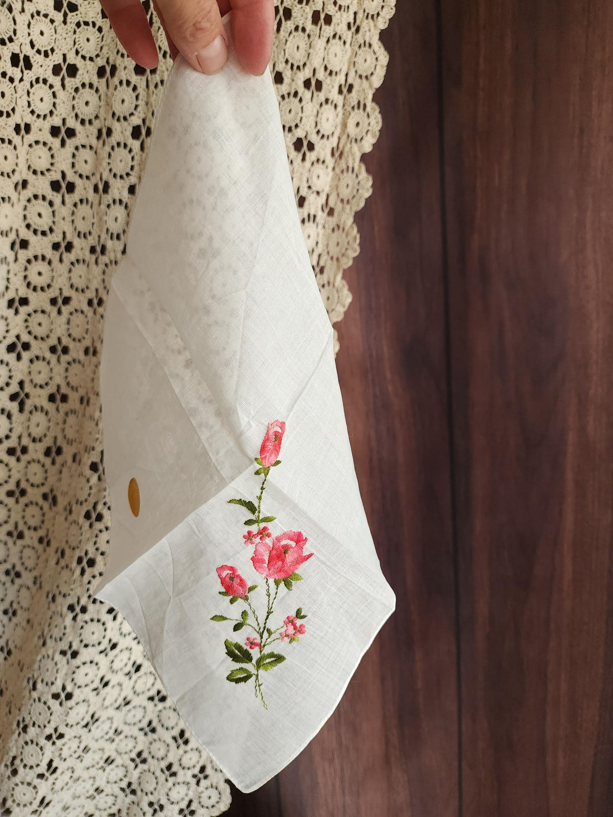 Vintage 1950s NWT Swiss Embroidered Pink Rose White Cotton Handkerchief