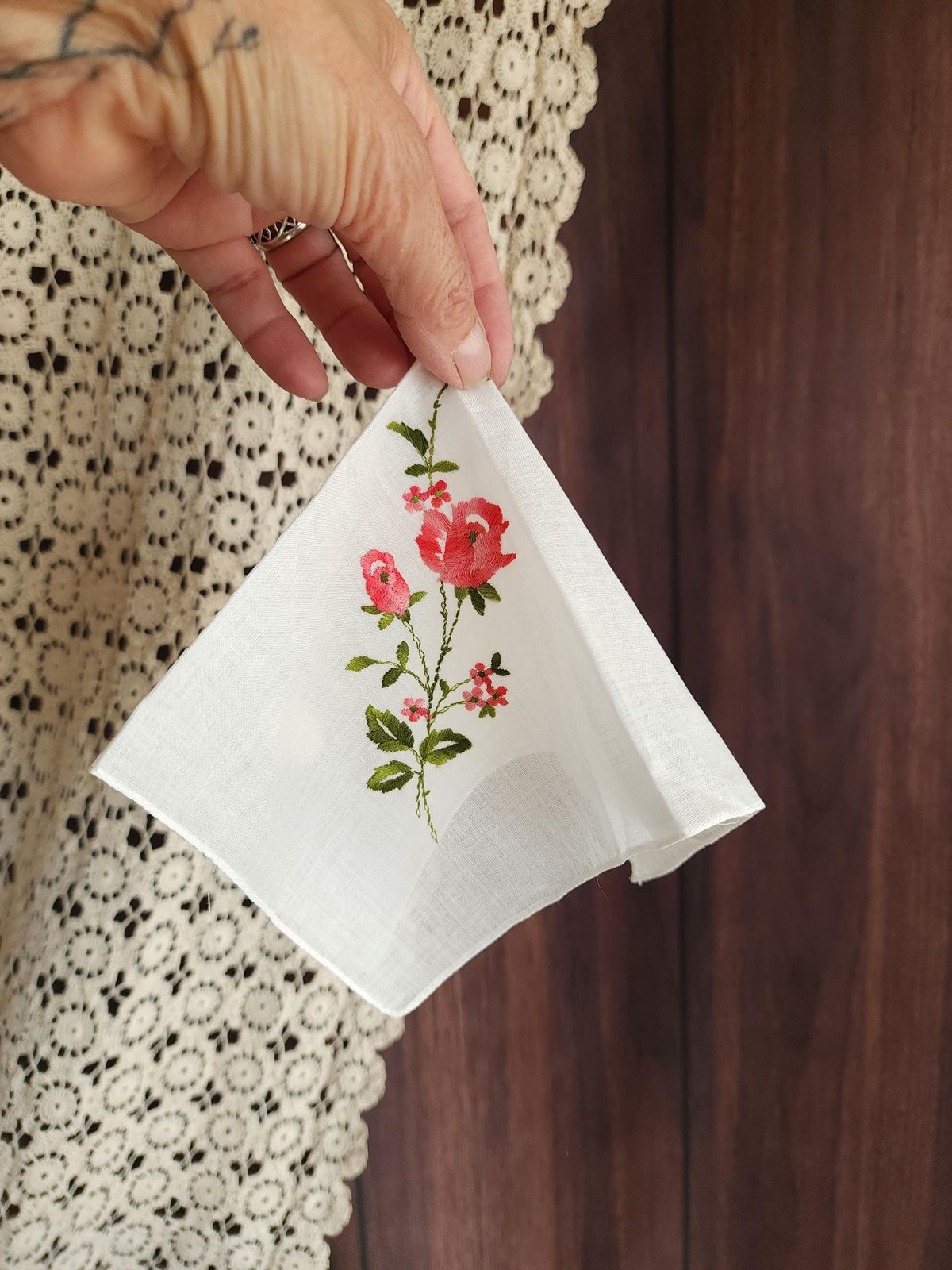 Vintage 1950s NWT Swiss Embroidered Pink Rose White Cotton Handkerchief