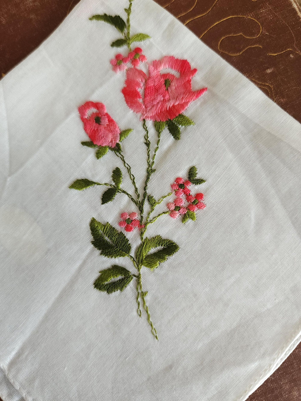 Vintage 1950s NWT Swiss Embroidered Pink Rose White Cotton Handkerchief