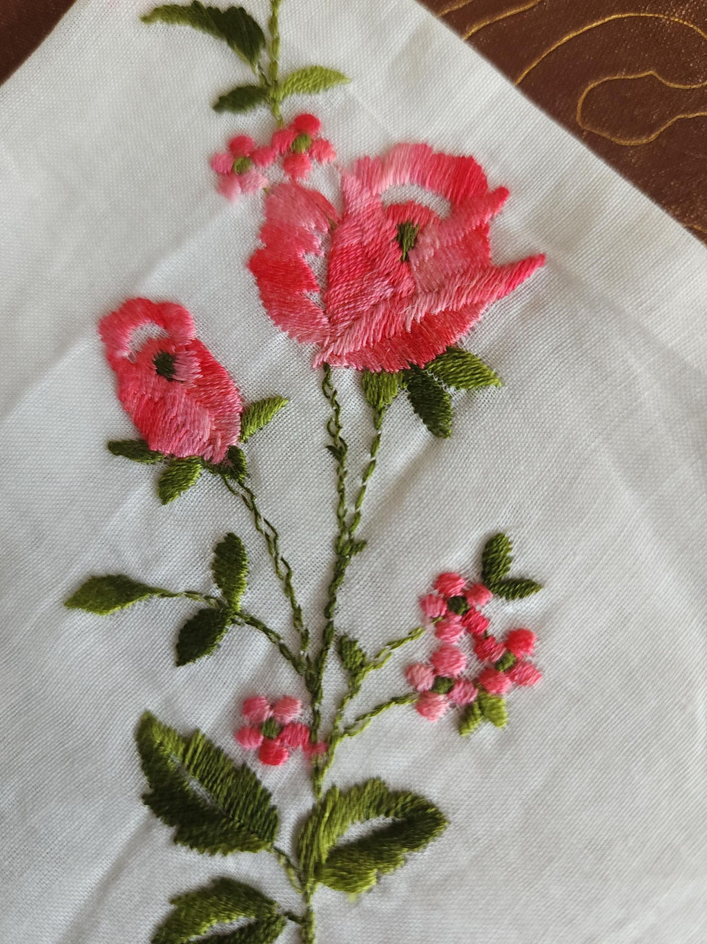Vintage 1950s NWT Swiss Embroidered Pink Rose White Cotton Handkerchief