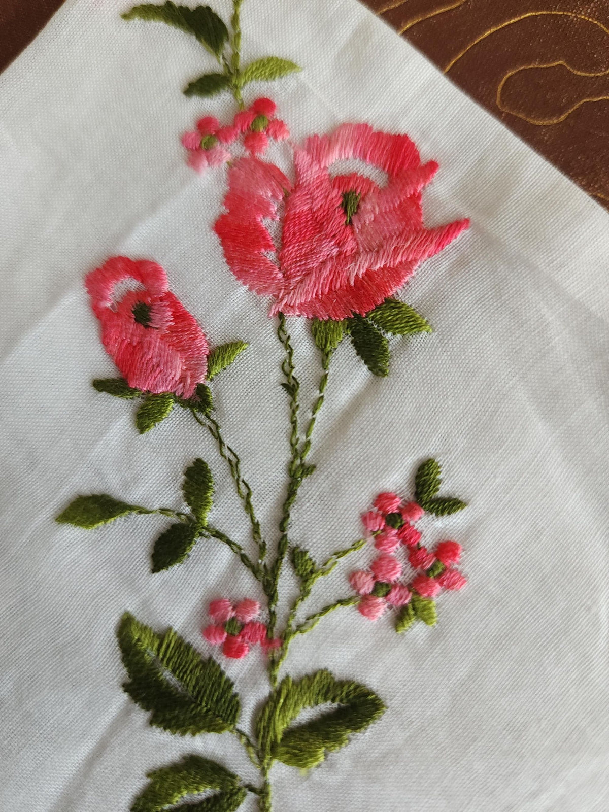 Vintage 1950s NWT Swiss Embroidered Pink Rose White Cotton Handkerchief