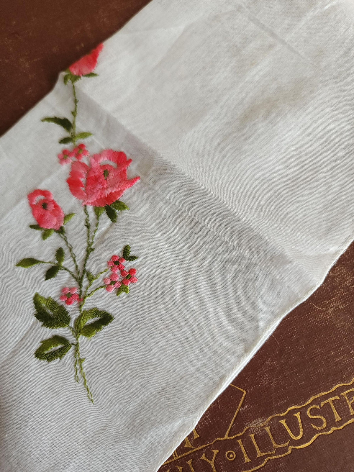 Vintage 1950s NWT Swiss Embroidered Pink Rose White Cotton Handkerchief