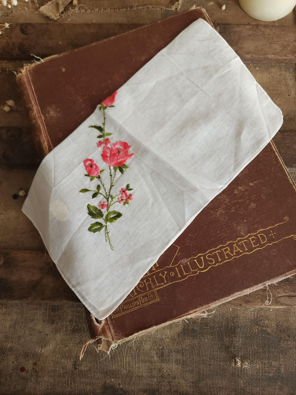 Vintage 1950s NWT Swiss Embroidered Pink Rose White Cotton Handkerchief