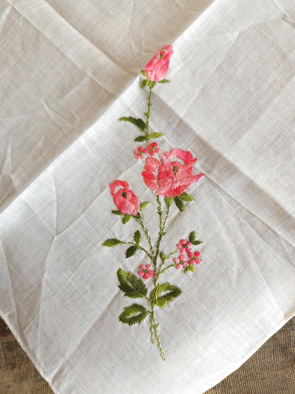 Vintage 1950s NWT Swiss Embroidered Pink Rose White Cotton Handkerchief