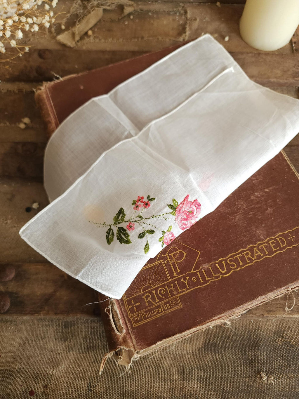 Vintage 1950s NWT Swiss Embroidered Pink Rose White Cotton Handkerchief