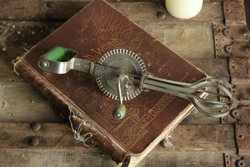 Vintage 1930s A&J Manual High Speed Egg Beater with Green Wood Handle