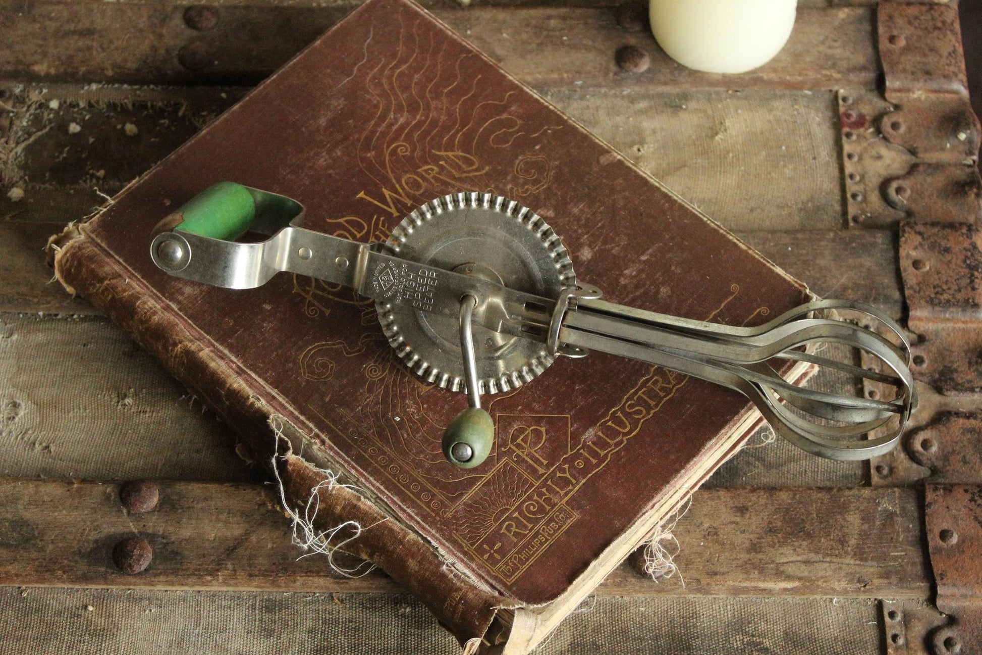 Vintage 1930s A&J Manual High Speed Egg Beater with Green Wood Handle
