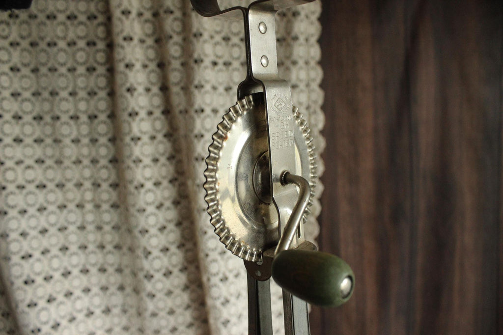 Vintage 1930s A&J Manual High Speed Egg Beater with Green Wood Handle