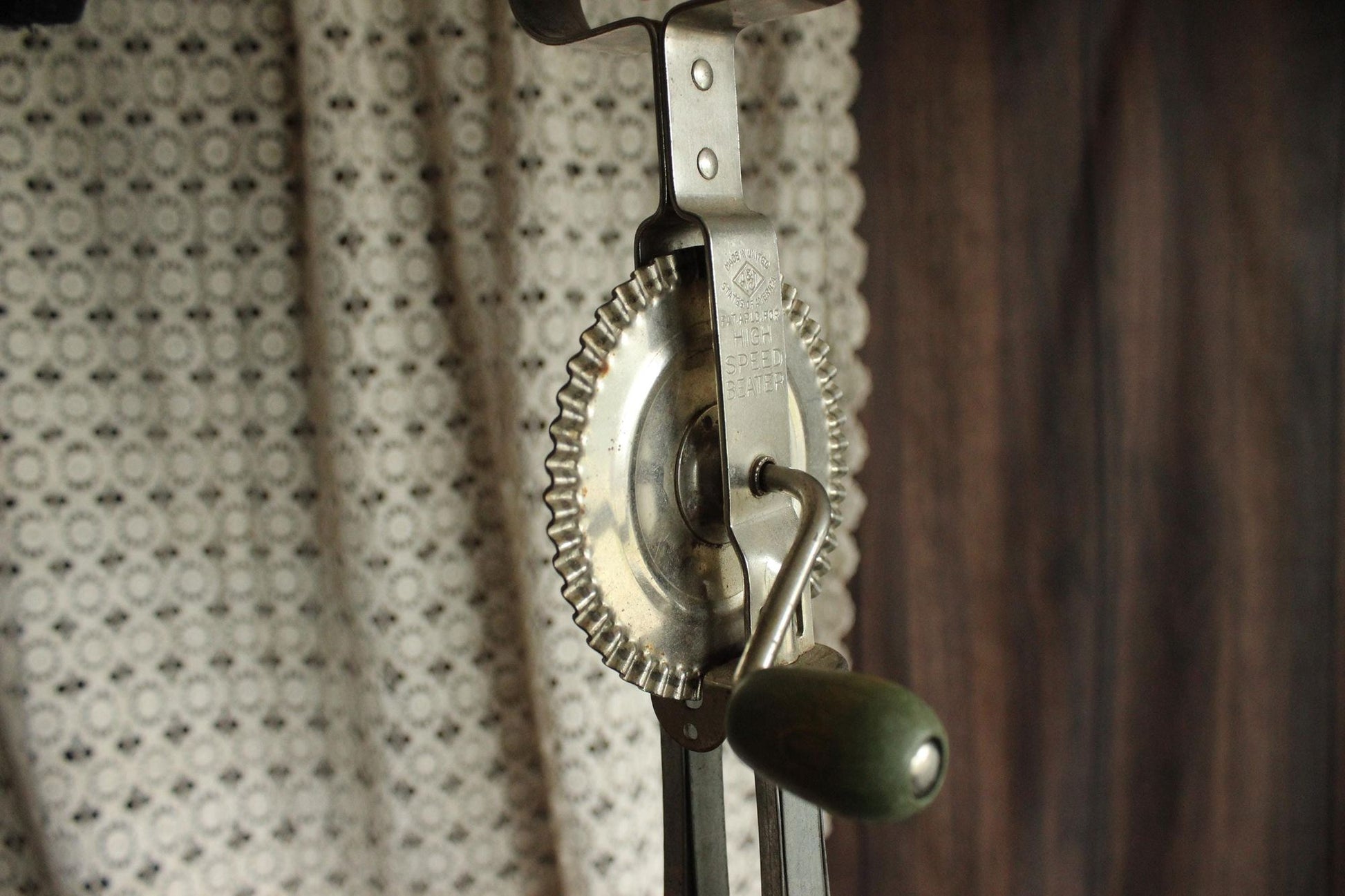 Vintage 1930s A&J Manual High Speed Egg Beater with Green Wood Handle